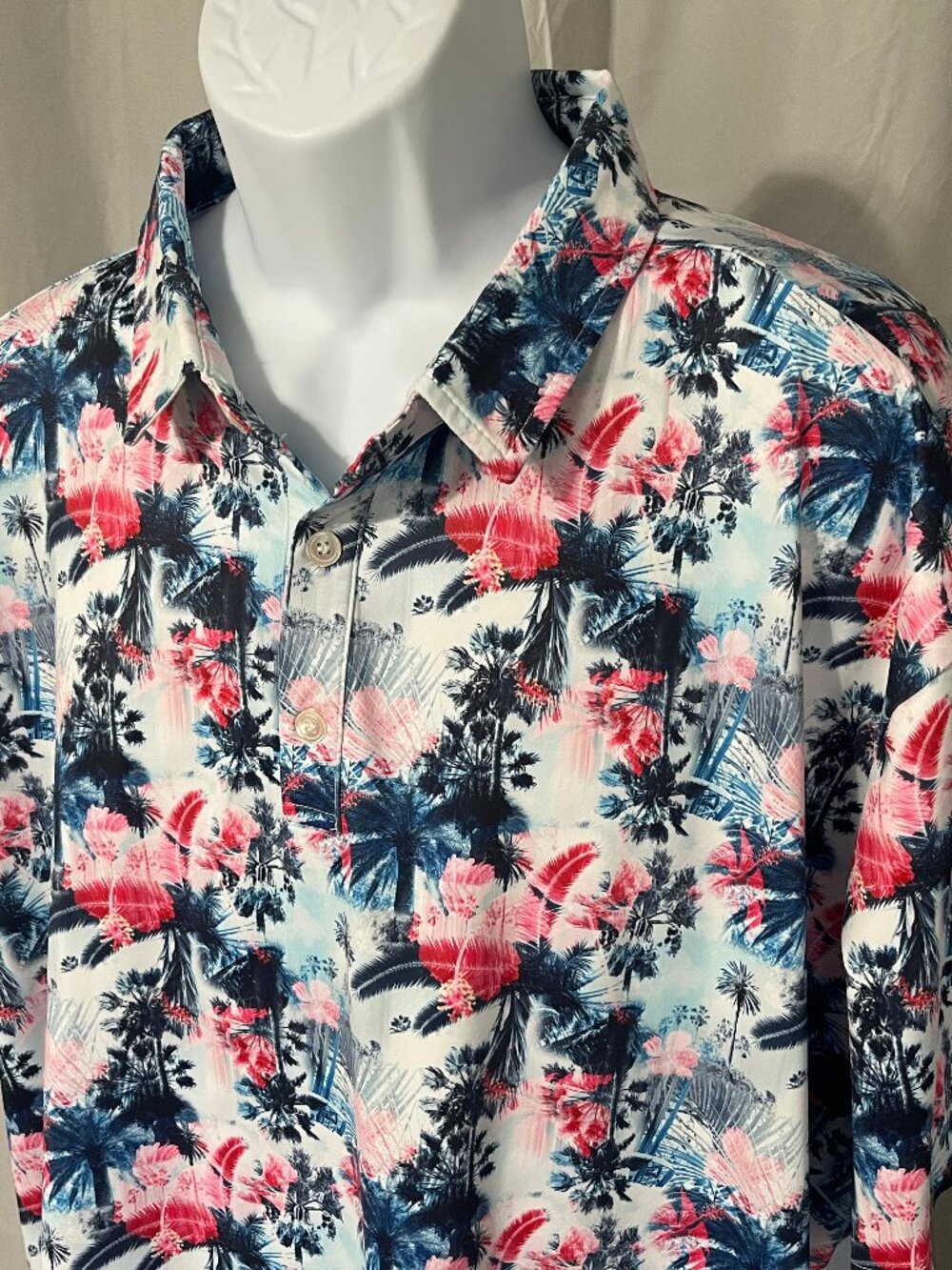 Sunday Swagger Men’s White Palm Tree Golf Polo ⛳️ Blue Pink Short Sleeve 3XL 🌴